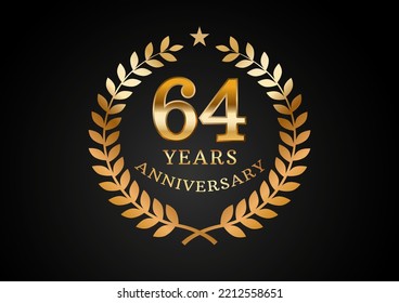 Vector graphic of Anniversary celebration background. 64 years golden anniversary logo with laurel wreath on black background. Good design for wedding party event, birthday, invitation, brochure, etc
