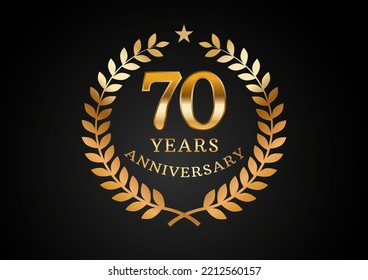 Vector graphic of Anniversary celebration background. 70 years golden anniversary logo with laurel wreath on black background. Good design for wedding party event, birthday, invitation, brochure, etc
