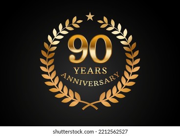 Vector graphic of Anniversary celebration background. 90 years golden anniversary logo with laurel wreath on black background. Good design for wedding party event, birthday, invitation, brochure, etc
