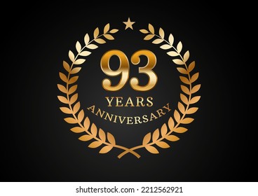 Vector graphic of Anniversary celebration background. 93 years golden anniversary logo with laurel wreath on black background. Good design for wedding party event, birthday, invitation, brochure, etc
