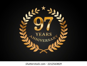 Gráfico vectorial de los antecedentes de la celebración del aniversario. Logo del 97 años del aniversario dorado con corona de laurel sobre fondo negro. Buen diseño para el evento de boda, cumpleaños, invitación, folleto, etc
