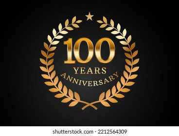 Vector graphic of Anniversary celebration background. 100 years golden anniversary logo with laurel wreath on black background. Good design for wedding party event, birthday, invitation, etc
