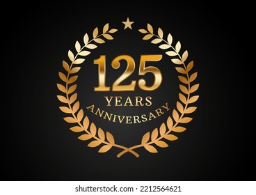 Vector graphic of Anniversary celebration background. 125 years golden anniversary logo with laurel wreath on black background. Good design for wedding party event, birthday, invitation, etc
