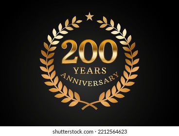 Vector graphic of Anniversary celebration background. 200 years golden anniversary logo with laurel wreath on black background. Good design for wedding party event, birthday, invitation, etc
