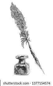 Vector graphic antique retro feather quill and ink sketch
