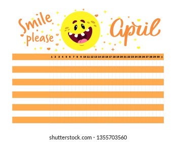 Vector graphic April bullet journal or habit tracker template for planning everyday activities and making them habits, diary, . With smiling face for improving mood and with hand drawn text April