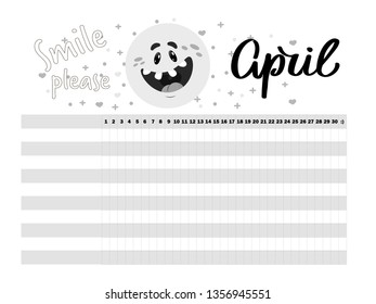 Vector graphic April bullet journal or habit tracker template for planning everyday activities and making them habits, diary, . With smiling face for improving mood and with hand drawn text April