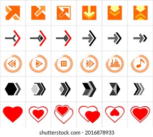 Vector graphic of arrows with a diagonal configuration, top-down, right side direction. Set of music player icons. Configured hexagonal. Heart icon set. Perfect to use graphic business.