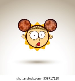 Vector graphic art drawing of curious kid face, hand drawn cute girl with stylish haircut. Social network theme illustration. Human emotions idea.