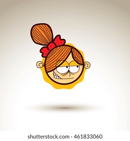 Vector graphic art drawing of kid face, hand drawn cute angry girl with stylish haircut. Social network theme illustration. Human emotions idea.
