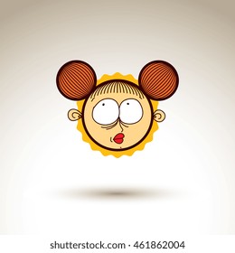 Vector graphic art drawing of kid face, hand drawn cute dreamy girl with stylish haircut. Social network theme illustration. Human emotions idea.