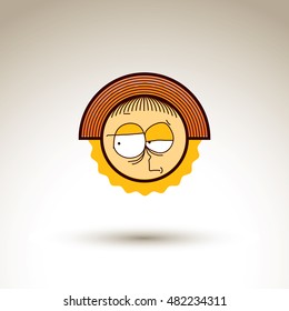 Vector graphic art drawing of kid face, hand drawn cute girl with stylish haircut. Social network theme illustration. Human emotions idea.