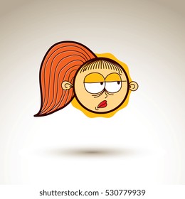Vector graphic art drawing of kid face, hand drawn cute girl with stylish haircut. Social network theme illustration. Human emotions idea.