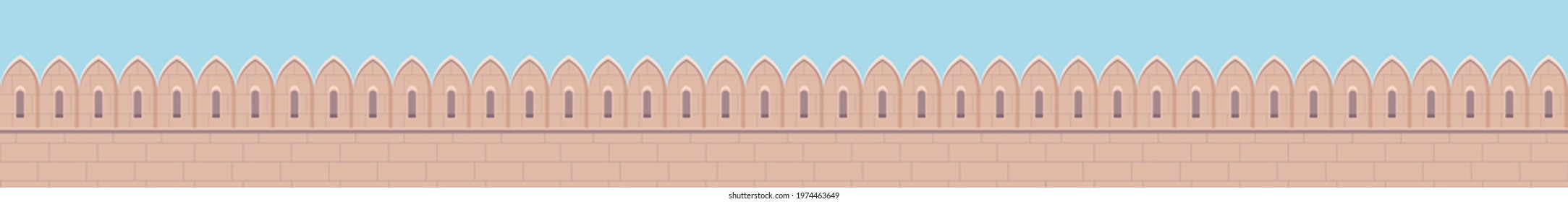 Vector Graphic Art Illustration Horizontal Panorama of ancient medieval heritage Fort, castle Protection Wall constructed using Brick and Stone with open blue sky at background.