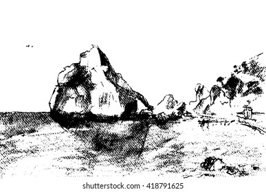 Vector. Graphic art of sea view with rocks on beach. Mountain Diva. Crimea