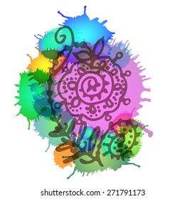Vector graphic, artistic, image of a flower on a background of ink droplets, watercolor. 
