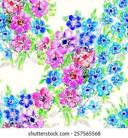 Vector graphic, artistic, romantic image of seamless pattern watercolor bouquet Flowers on a white background. Can be used for design original print fabric, wallpaper, wrapping paper