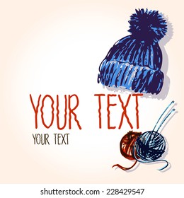 Vector graphic, artistic, set of images for the design knitted cap and skeins with spokes. 