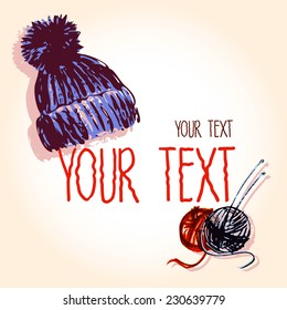 Vector graphic, artistic, set of images for the design knitted cap and skeins with spokes.