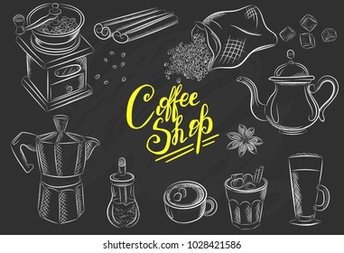 Vector graphic, artistic, stylized image of coffee set graphic element for menu on blackboard. Black chalkboard with chalk traces
