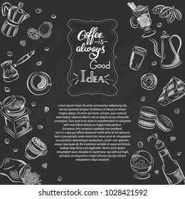 Vector graphic, artistic, stylized image of coffee set graphic element for menu on blackboard. Black chalkboard with chalk traces