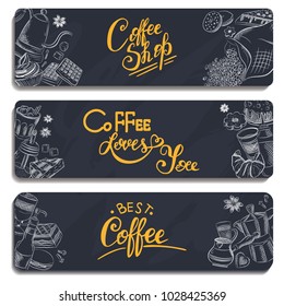 Vector graphic, artistic, stylized image of coffee set graphic element for menu on blackboard. Black chalkboard with chalk traces