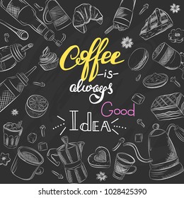 Vector graphic, artistic, stylized image of coffee set graphic element for menu on blackboard. Black chalkboard with chalk traces