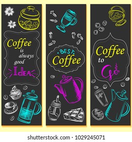Vector graphic, artistic, stylized image of coffee set graphic element for menu on blackboard. Black chalkboard with chalk traces