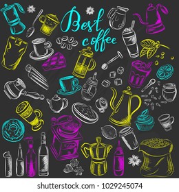 Vector graphic, artistic, stylized image of coffee set graphic element for menu on blackboard. Black chalkboard with chalk traces