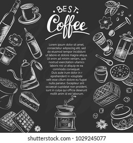 Vector graphic, artistic, stylized image of coffee set graphic element for menu on blackboard. Black chalkboard with chalk traces