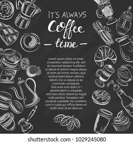 Vector graphic, artistic, stylized image of coffee set graphic element for menu on blackboard. Black chalkboard with chalk traces