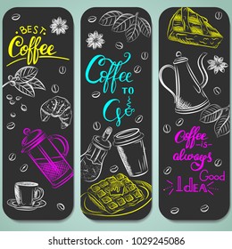Vector graphic, artistic, stylized image of coffee set graphic element for menu on blackboard. Black chalkboard with chalk traces