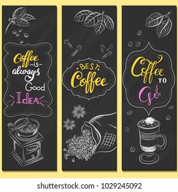 Vector graphic, artistic, stylized image of coffee set graphic element for menu on blackboard. Black chalkboard with chalk traces