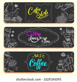 Vector graphic, artistic, stylized image of coffee set graphic element for menu on blackboard. Black chalkboard with chalk traces