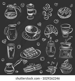 Vector graphic, artistic, stylized image of coffee set graphic element for menu on blackboard. Black chalkboard with chalk traces