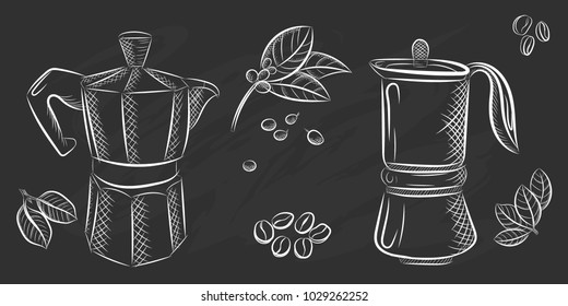 Vector graphic, artistic, stylized image of coffee set graphic element for menu on blackboard. Black chalkboard with chalk traces