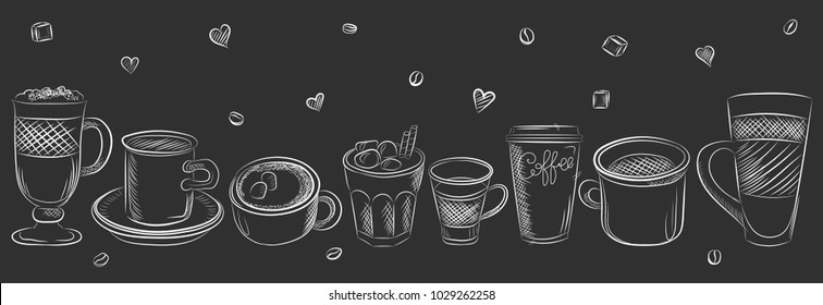 Vector graphic, artistic, stylized image of coffee set graphic element for menu on blackboard. Black chalkboard with chalk traces