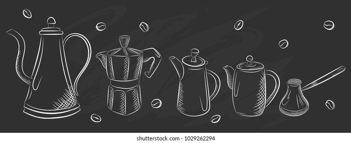 Vector graphic, artistic, stylized image of coffee set graphic element for menu on blackboard. Black chalkboard with chalk traces