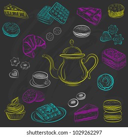 Vector graphic, artistic, stylized image of coffee set graphic element for menu on blackboard. Black chalkboard with chalk traces