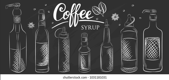 Vector graphic, artistic, stylized image of coffee set graphic element for menu on blackboard. Black chalkboard with chalk traces.
