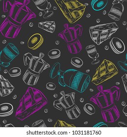 Vector graphic, artistic, stylized image of coffee set graphic element for menu on blackboard. Black chalkboard with chalk traces