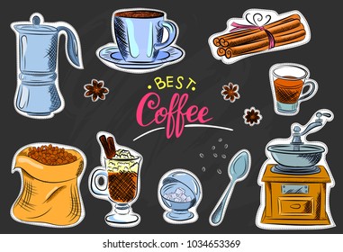 Vector graphic, artistic, stylized image of coffee set graphic element for menu on blackboard. Black chalkboard with chalk traces