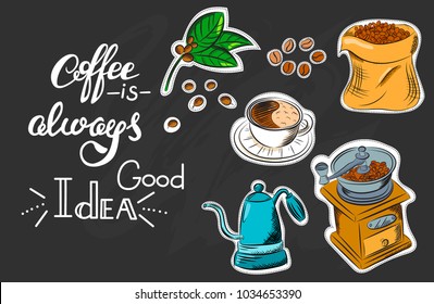 Vector graphic, artistic, stylized image of coffee set graphic element for menu on blackboard. Black chalkboard with chalk traces