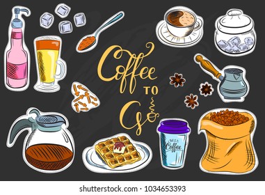 Vector graphic, artistic, stylized image of coffee set graphic element for menu on blackboard. Black chalkboard with chalk traces
