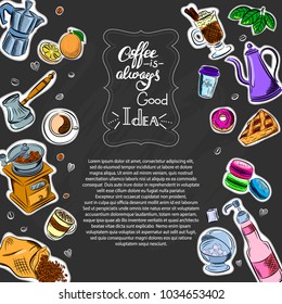 Vector graphic, artistic, stylized image of coffee set graphic element for menu on blackboard. Black chalkboard with chalk traces