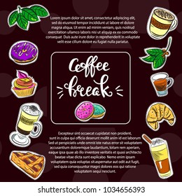 Vector graphic, artistic, stylized image of coffee set graphic element for menu on blackboard. Black chalkboard with chalk traces.