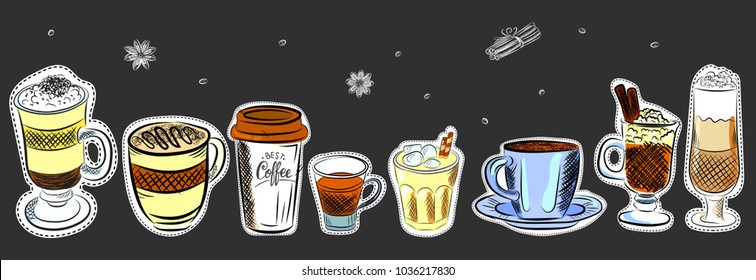Vector graphic, artistic, stylized image of coffee set graphic element for menu on blackboard. Black chalkboard with chalk traces