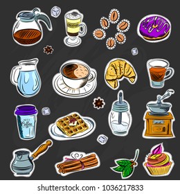 Vector graphic, artistic, stylized image of coffee set graphic element for menu on blackboard. Black chalkboard with chalk traces