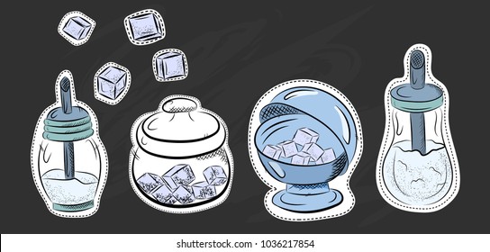 Vector graphic, artistic, stylized image of coffee set graphic element for menu on blackboard. Black chalkboard with chalk traces