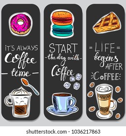 Vector graphic, artistic, stylized image of coffee set graphic element for menu on blackboard. Black chalkboard with chalk traces